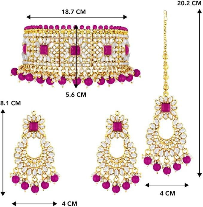 Aheli Bridal Kundan Faux Pearl Choker Necklace with Earrings Maang Tikka Gift for Women Indian Traditional Bollywood Fashion Jewelry Set