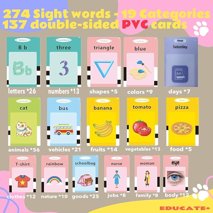 Unbreakable PVC Talking Flash Cards Toddler Toys with Carrying Ring, Pocket Speech Therapy, Learning Educational Montessori Autism Sensory Toys Toddler Games 274 Sight Words for Boys and Girls Gifts