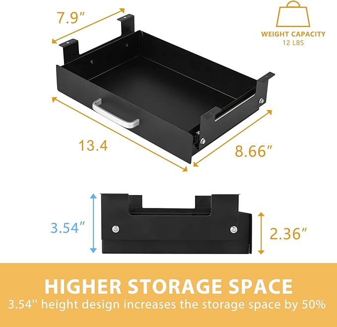 Gome Under Desk Pull-Out Drawer - Storage Organizer Office Mounted, Easy Slide-Out Pencil Drawer for Space Saving, Ideal for Sit-Stand Workstation with 1.2" High Crosspiece