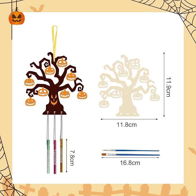 Fennoral 9 Pack Halloween Tree Wind Chime Kit for Kids Make You Own Wind Chimes Wooden Arts and Crafts DIY for Girls Boys Coloring Halloween Hanging Ornaments Halloween Party Decorations