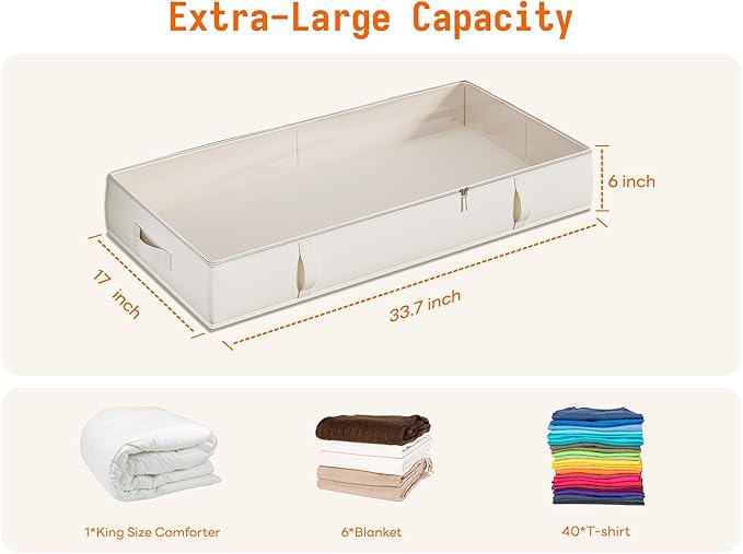 Vailando Side-Supported Under Bed Storage Containers, 6 Inches Tall 60L Underbed Storage Bins with Sturdy Handles and Sidewalls, Closet Organizer for Clothes, Blankets, Seasonal Items, Beige, 2-Pack