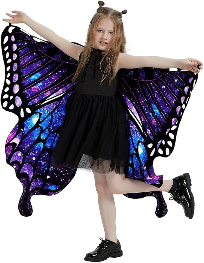 Butterfly Wings For Girls, Double-Sided Fairy Wings, Halloween Costumes for Kids, 3PCS Butterfly Cape Set.