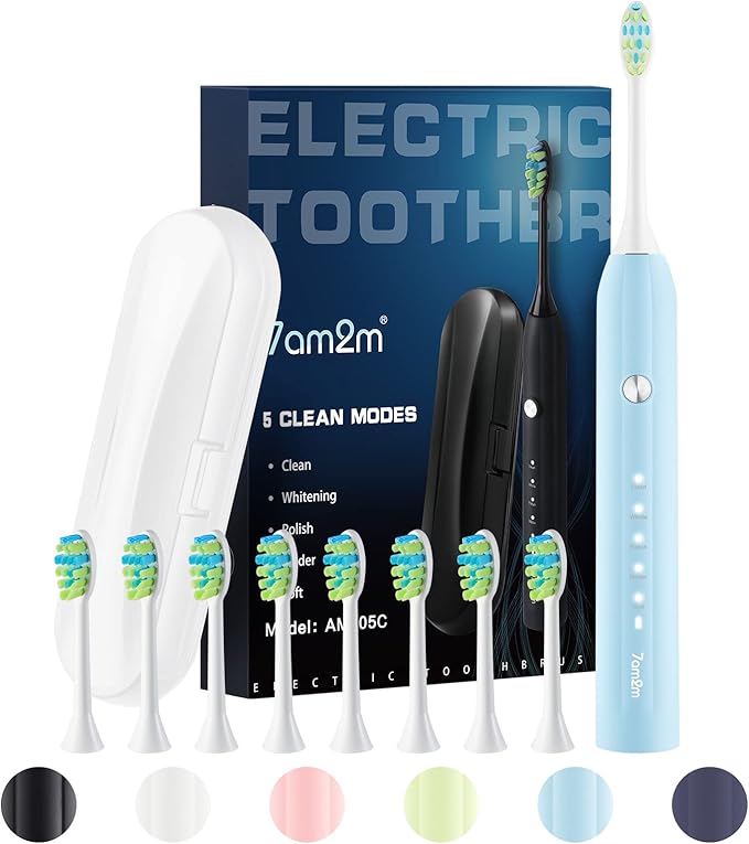 7AM2M Sonic Electric Toothbrush for Adults and Kids, with 8 Brush Heads and Travel Case,5 Modes with 2 Minutes Build in Smart Timer, One Charge Use for 90 Days, Rechargeable Toothbrushes (Light Blue)