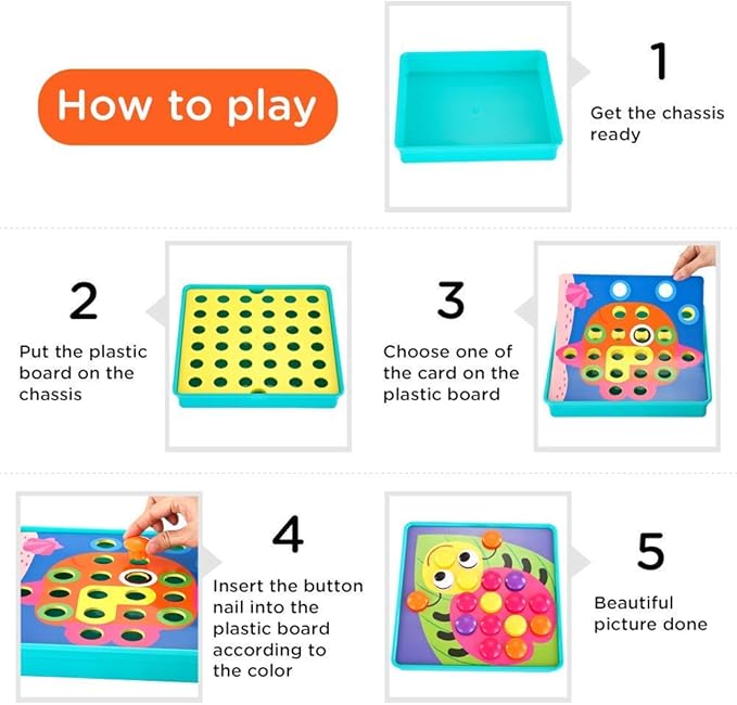 TINOTEEN Button Art Toy for Toddlers,Toddler Activities Crafts Color Matching Early Learning Educational Mosaic Pegboard 50 Buttons and 18 Pictures