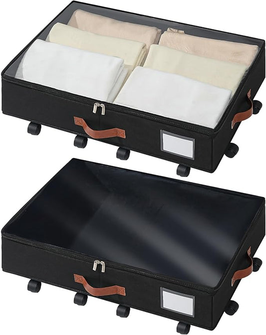 Under Bed Storage Organizer with Wheels, Underbed Container with Clear Lid Cover, Storage Bag Box with Visiable Window for Clothes, Bedsheet, Pillow, 2 Pack，5.5 inches