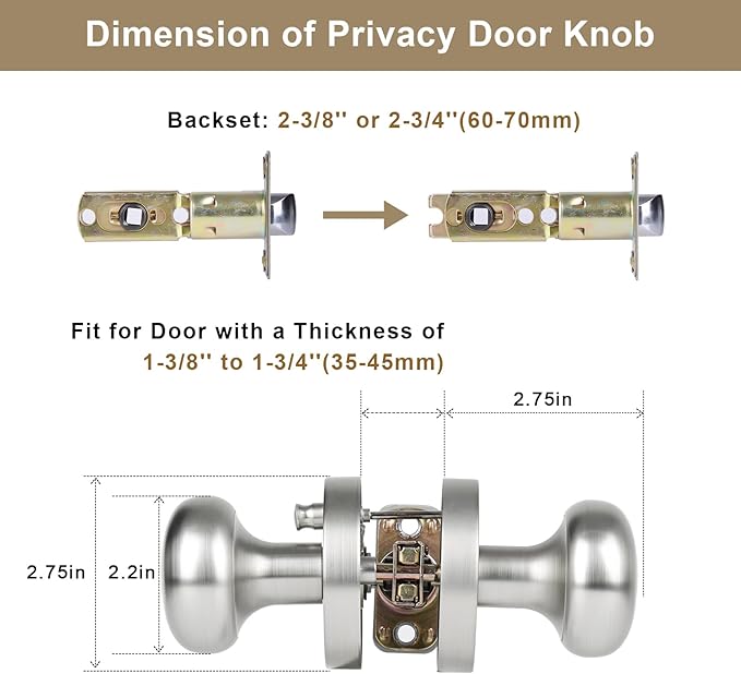 Satin Nickel Door Knob, Privacy Door Knobs Interior with Push-Button, Vintage Door Knob with Lock for Bedroom and Bathroom, 1 Pack