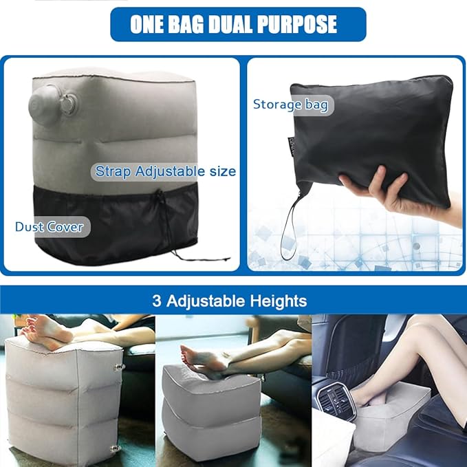2 Pack Inflatable Foot Rest for Air Travel,Airplane Travel Foot Rest Adjustable Height,Car/Airplane,Footrest Pillow with Pump for Office,Airplane,Train,Cars,Home