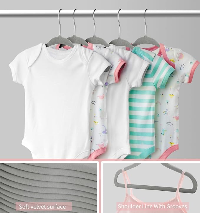 Kids Velvet Hangers 30 Pack, 11 Inch Size Non-Slip Baby Hangers, Space-Saving Nursery Hangers, Perfect Infant/Toddler Clothes Hangers for Daily Use(Grey)