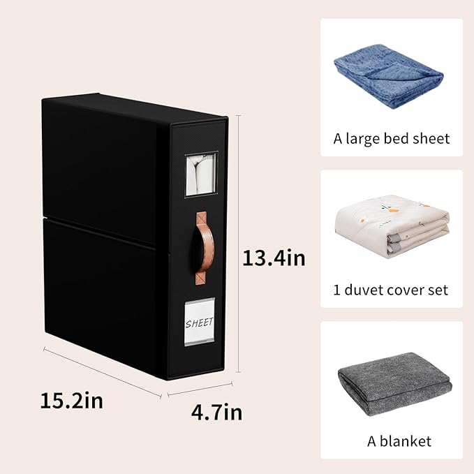 4 Pack Bed Sheet Storage Organizers- Premium Fabric Closet Organizer with Clear View Window, Space-Saving Foldable Design for Queen/King Size Bedsheets, Blankets & Duvet Covers
