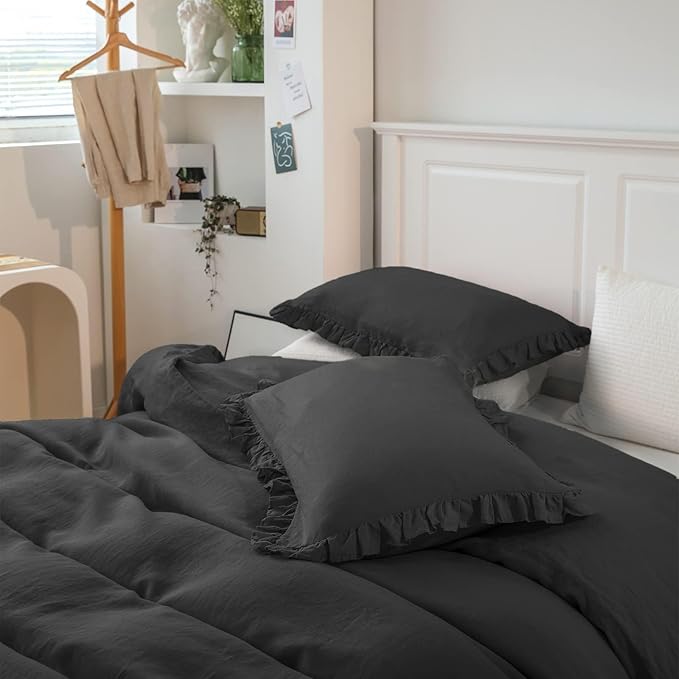 Simple&Opulence 100% Linen Duvet Cover Set, 3 PCS Natural French Flax Dark Grey Ruffle Duvet Cover Queen Size, Breathable Comfy Linen Bedding Comforter Cover with 2 Pillowcases (Dark Grey, 88" X 92")