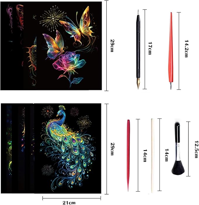 Georgie Porgy Scratch Paper Art Set for Kids Adults Magic Rainbow Scratchboards for DIY Arts and Crafts Kits Christmas Birthday Gift with Scratching Tools Kit (A4-Noctilucent Butterfly + Peacock)