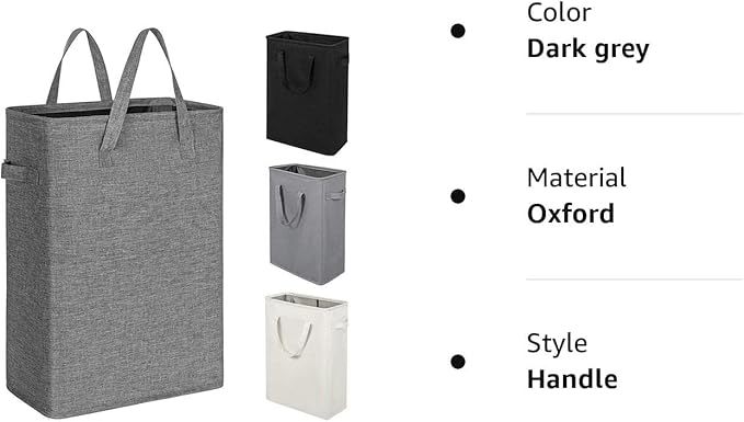 ZERO JET LAG Slim Laundry Hamper With Handles Collapsible Laundry Basket Thin Dirty Clothes Basket Narrow Laundry Bag Foldable Dirty Cloth Hamper 45L (23 inches,Dark Grey)