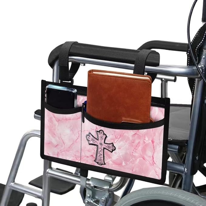 ZOUTAIRONG Pink Cross Wheelchair Side Bag Walker Pouch Bag with Cup Holder,Wheelchair Bags to Hang on Side for Walker, Rollator, Electric Scooter Wheelchairs, Ideal Gift for Seniors