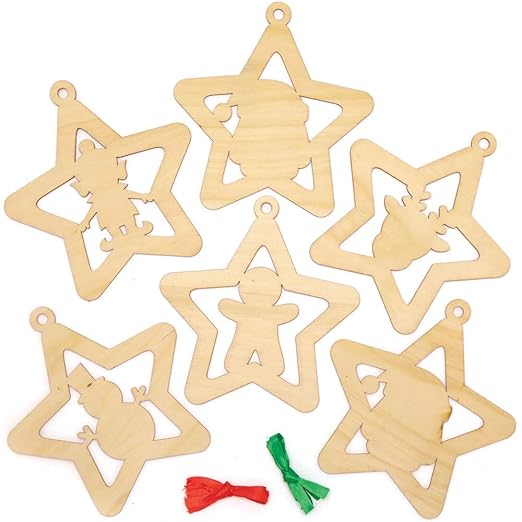 Baker Ross AX415 Star Wooden Ornament Kit - Pack of 10, Christmas Tree Ornaments for Creative Art and Craft Activities to Paint and Decorate