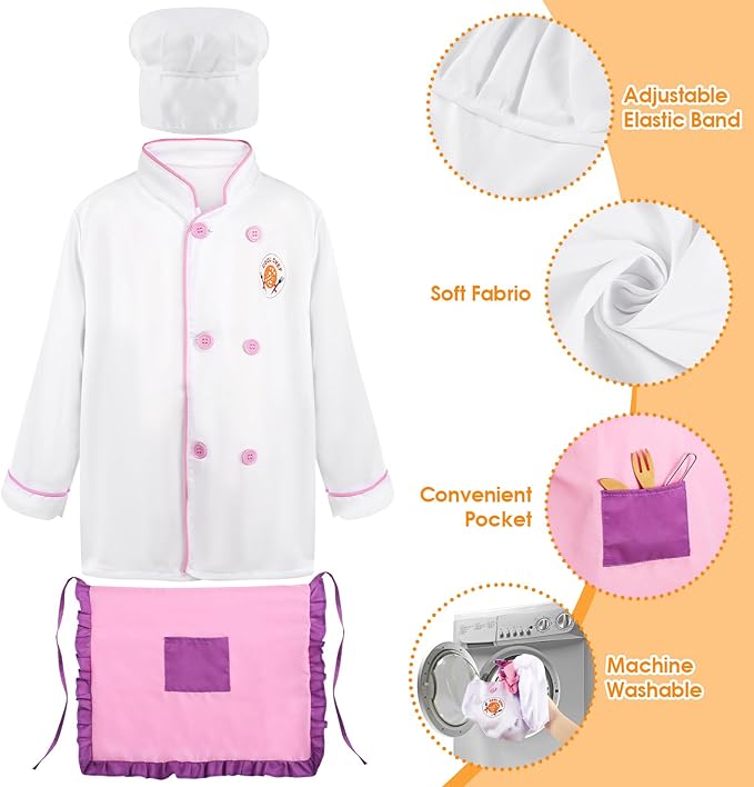 44PCS Play Kitchen Accessories, Wooden Play Food, Kids Kitchen Pretend Play Toys with Stainless Steel Play Pots & Pans Sets, Apron & Chef Clothes, Kitchen Toys for Toddlers Preschoolers Kids