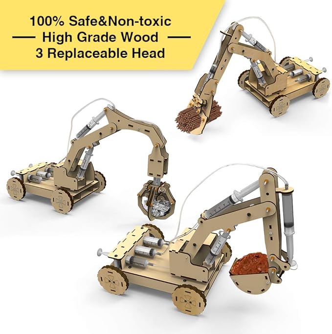 Mini Tudou 3D Wooden Construction Excavator Vehicle Toys Set, STEM Science Kit with Air Pressure System to Build A Wood Excavator Model Including 3 Replaceable Gripper & Digger for Kids Boys Girls