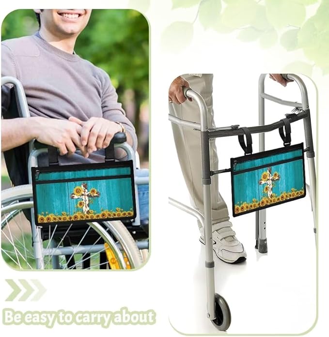 ZOUTAIRONG Sunflower Cross Wheelchair Side Bag Power Wheelchair Bag Walker Bag Walker Organizer Pouch Tote for Rollator and Folding Walker Wheelchair Bags to Hang on Side Wheelchair Accessories
