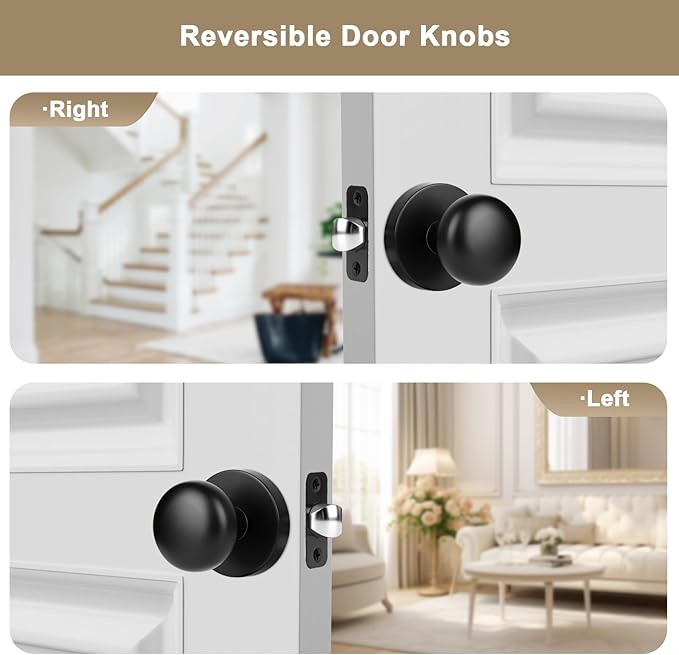 Passage Interior Door Knobs, Matte Black Door Knob for Hall and Kitchen, No-Locking Vintage Round Design Door Handle, Zinc Alloy 1 Pack