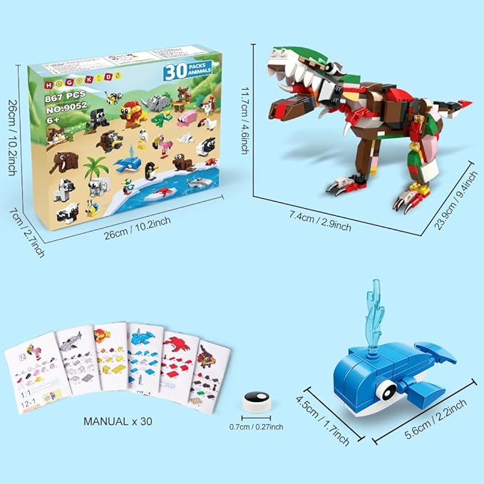 HOGOKIDS 30 Packs Party Favors for Kids - 867PCS Animals Building Blocks Sets for Classroom Prizes Goodie Bag Fillers Stocking Stuffers Birthday Valentines Easter Gifts for Kids Boys Girls 6+