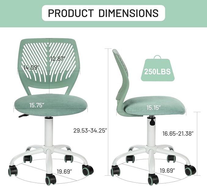 Desk Chair Armless, Kids Office Chair Compact Rolling Fabric Seating Cushion and Plastic Low-Back, Height Adjustable Small Study Computer Task Chair for Student Children Teens with Wheels, Aqua