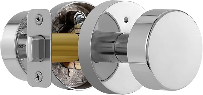 Polished Chrome Door Knobs Interior, Polished Chrome Privacy Door Knob with Lock, Heavy Duty Round Modern Door Handle for Bedroom Bathroom