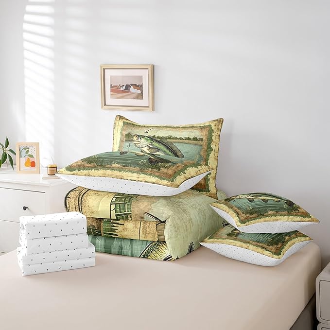 Feelyou Kids Fishing and Hunting 7 Piece Bedding Set King Size Pike Fish Bed in a Bag for Boys Bedroom Decor Bass Big Fish Comforter Set with Sheets,Pillowcases & Pillow Covers Vintage Soft
