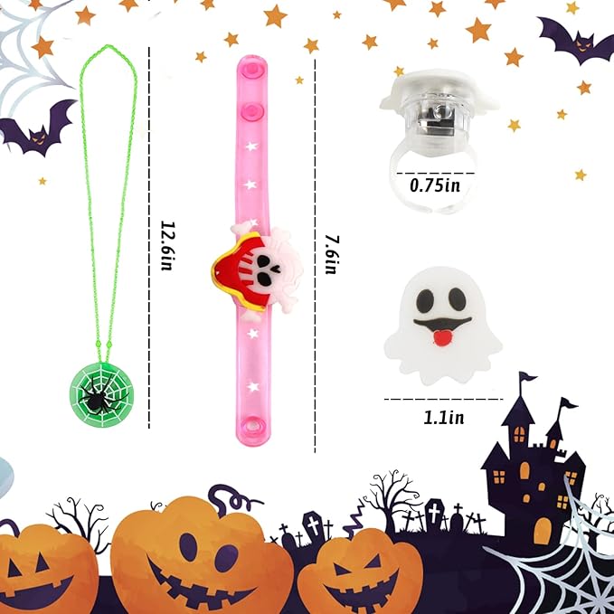 KIMOBER 62PCS Halloween Party Favors for Kids,Glow Rings Necklaces Bracelets,Light Up Halloween Toys Glow in the Dark Party Supplies for Halloween Candy Bag Fillers Decorations
