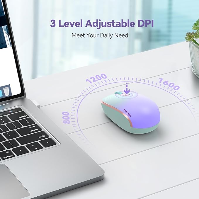TECKNET Wireless Mouse, 2.4G Quiet Computer Mouse with USB Receiver, 4 Buttons Portable Cordless Mice for Chromebook, Laptop, PC, Mac, 800/1200/1600 DPI