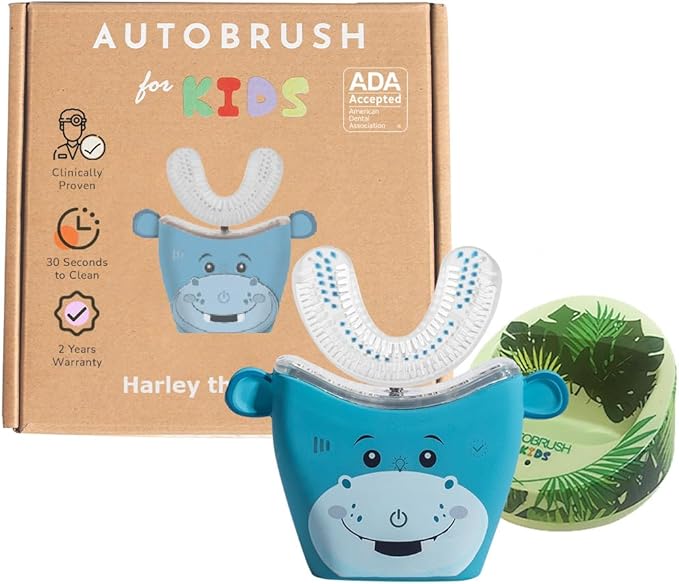 autobrush Kids U Shaped Electric Toothbrush, ADA Accepted, Sonic Pro with Unique 360° Nylon Bristles 3 Cleaning Modes,Whitening LED-Lights,Plays Music (Double-Sided),Ages 3-5, Hippo