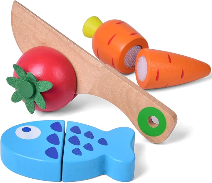 FUN LITTLE TOYS 12 Pcs Wooden Pretend Cutting Play Food Set for Kids Aged 3+, Early Education Toy for Toddlers, Veggie Slicers Playset, Toys Food and Vegetables with Storage Case