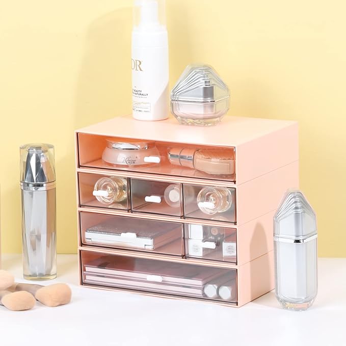 Desk Craft Organizer and Storage with 7 Flat Drawers, Stackable Plastic Desktop Accessories & Workspace Organizer for Office Stationary, Makeup Skincare, Sanitation Supplies, Pink