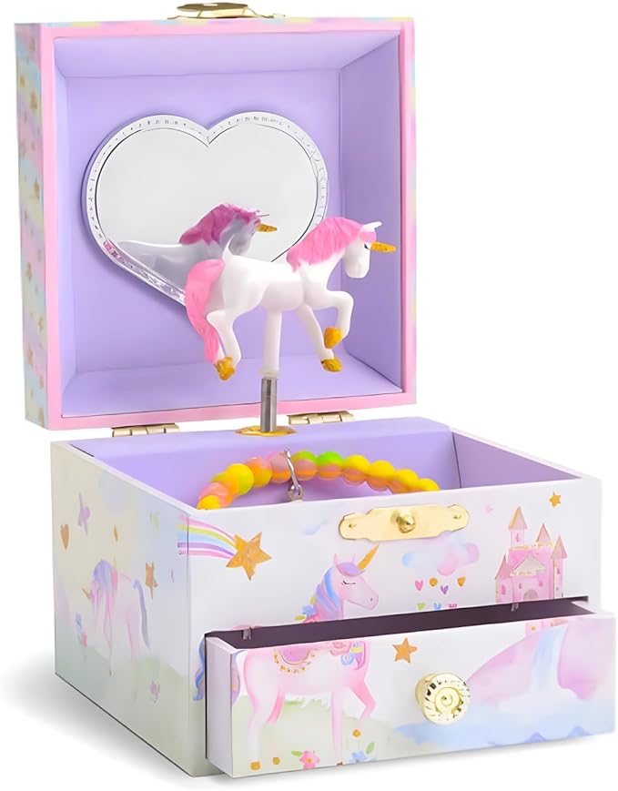 Jewelkeeper Jewelry Box for Girls with 1 Drawer - Unicorn Musical Jewelry Boxes, Beautiful Dreamer Tune, Spinning Unicorn Doll, Little Girl Jewelry Box, Gifts for 5 Year Old Girls, Engineered Wood