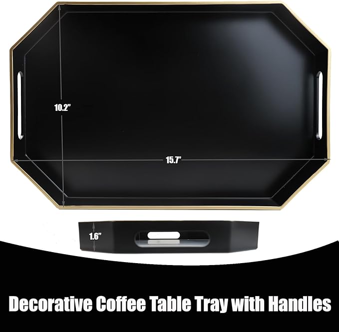 Omuriko Black Decorative Tray with Handles, Octagon Versatile Serving Tray for Coffee Table, Ottoman, Ideal for Serving, Displaying, Organizing