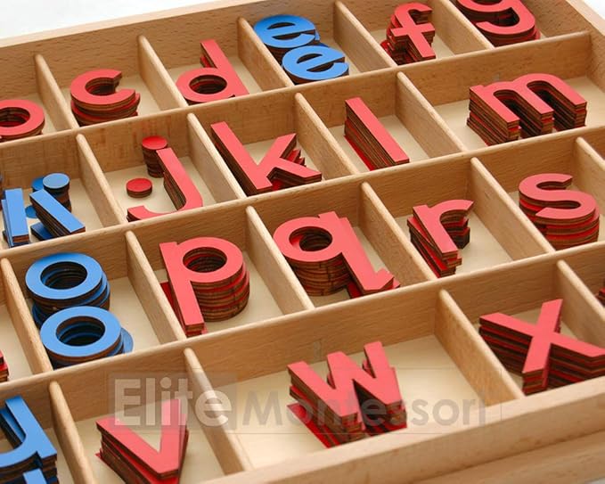 Elite Montessori Wooden Movable Alphabet with Box Preschool Spelling Learning Materials (Red & Blue, 5mm Thick)