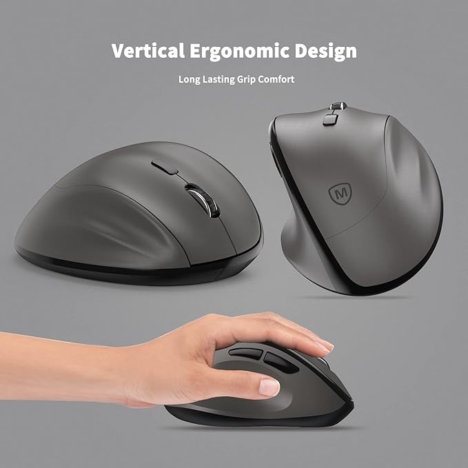 Ergonomic Wireless Mouse with USB Receiver for PC Computer, Laptop and Desktop, Ergo Vertical Mouse with Silent Clicks Long Battery Life, Up to 1600 DPI & 1 AA Battery Powered, Grey