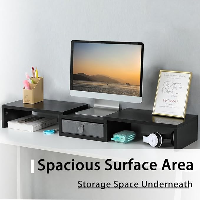 TEAMIX Dual Monitor Stand Riser with Drawer - Length and Angle Adjustable Double Monitor Riser Corner Desk Shelf Organizer 37 inch Long Monitor Riser for 2 Monitors/Laptop/PC/Screen/TV