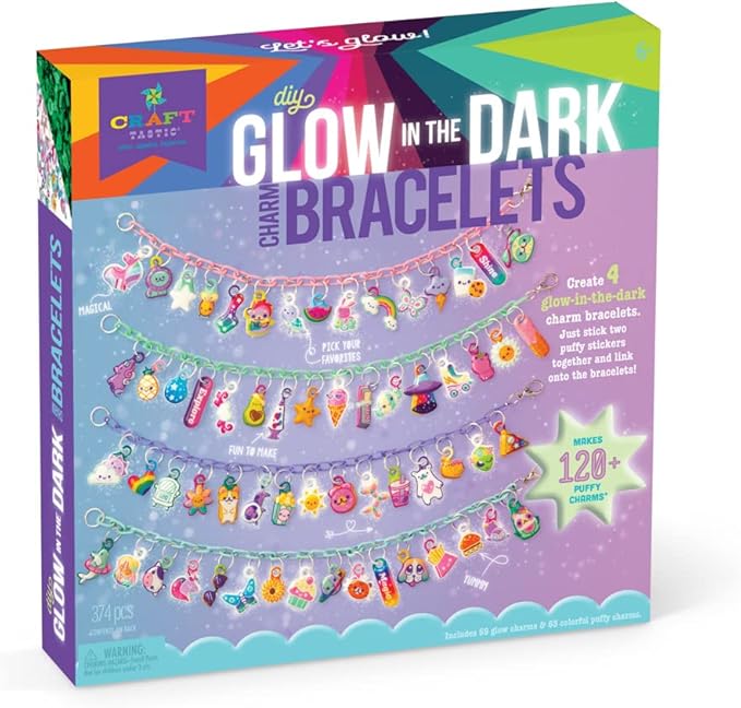 Craft-tastic DIY Glow in The Dark Charm Bracelets – Design 4 Customizable Bracelets with 120+ Easy-to-Make Puffy Sticker Charms – Creative Arts & Crafts Gift – Jewelry Making Set for Kids - Ages 6+