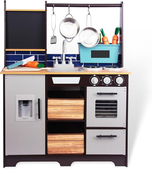 Kitchen Playset for Kids Ages 3-8, Wooden Pretend Play Kitchen with Cooking Accessories and Cutting Play Food, Including Oven, Stove, Faucet, and Sink, Dimensions: 38” H x 29” W x 12” D