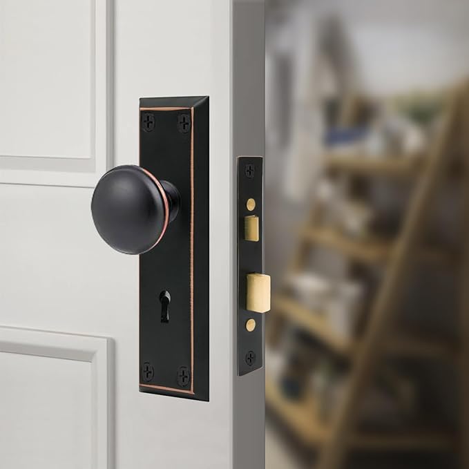 Vintage Door Knob with Lock for Interior Doors Oil Rubbed Bronze, Antique Brass 1 Pack Mortise Lock Set, Old Fashioned Bathroom & Bedroom with Skeleton Key for Old House Doors