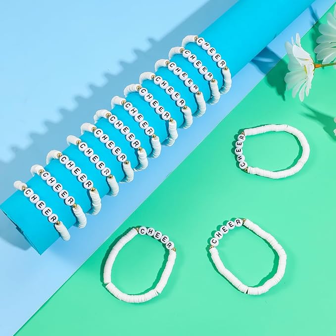 24 Pcs Cheerleader Gifts for Girls Handmade Friendship Bracelets for Teen Girls Stretch Cheer Bracelets Y2k Cheer Stuff Stackable Clay Bead Bracelets Bulk Teens Birthday Christmas Party Favors