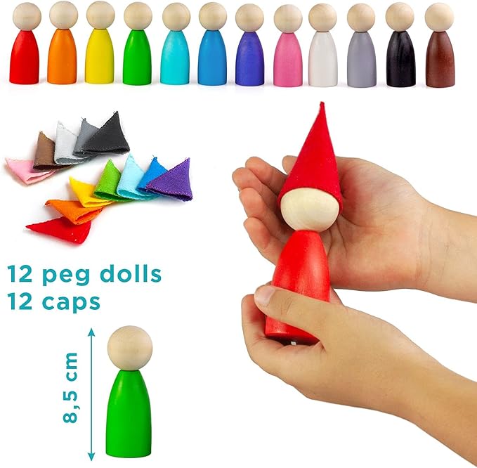 Ulanik Large Peg Dolls with Hats Toddler Montessori Toys for 3 Year Old + Kids Wooden Waldorf Dolls for Learning Color Sorting and Counting — 12 Gnomes, 3.35 in