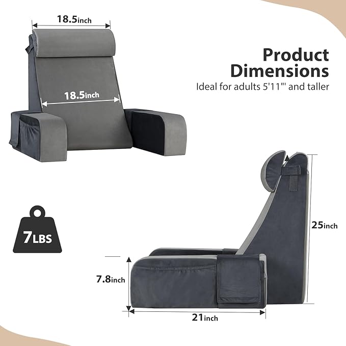 Vekkia 25" Extra-Large Adjustable Reading Pillow – 60° Ergonomic Wedge Backrest, 2 Large Side Pockets, Perfect for Tall Adults, Reading, TV, Gaming, Work, Nursing, Recovery