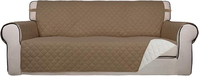 PureFit Reversible Quilted Sofa Cover, Water Resistant Slipcover Furniture Protector, Washable Couch Cover with Non Slip and Elastic Straps for Kids, Dogs, Pets (Sofa, Camel/Ivory)