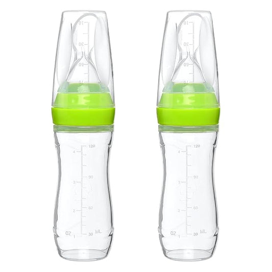 4 oz Silicone Baby Food Dispensing Spoon - 2 Pack - Great for 4+ Month Infants - Includes Stopper - Easy to Use and Mess-Free - Precise Food-Release Feeder - Great for Travel (Green)