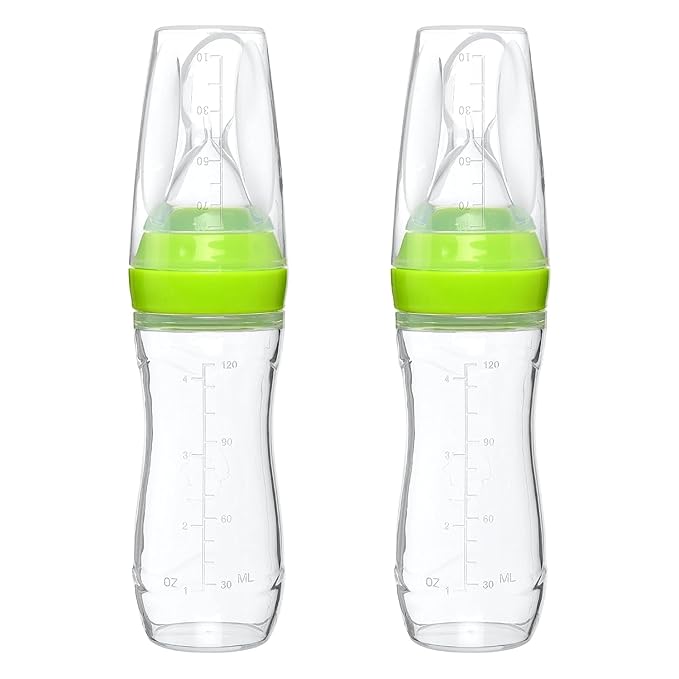 4 oz Silicone Baby Food Dispensing Spoon - 2 Pack - Great for 4+ Month Infants - Includes Stopper - Easy to Use and Mess-Free - Precise Food-Release Feeder - Great for Travel (Green)