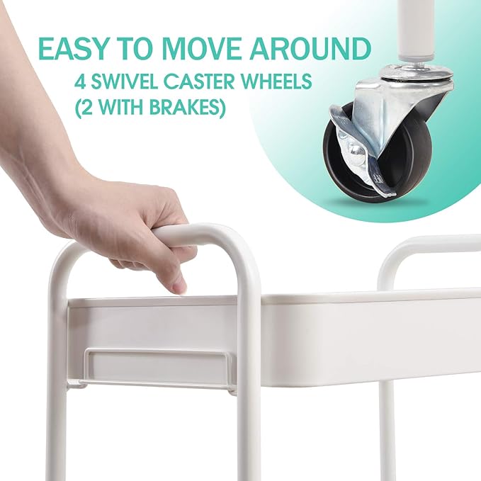 TOOLF 3-Tier Metal Rolling Cart with Wheels, Storage Utility Organizer Cart for Kitchen, Bathroom, Office, Baby Essentials & Makeup - Lockable Casters, Easy Assembly, Large Capacity, White