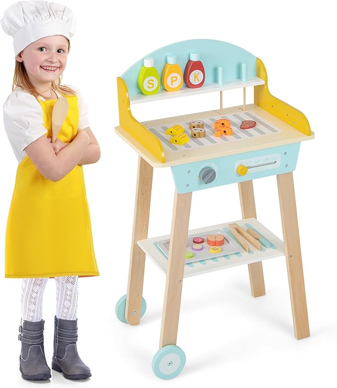 INFANS Kids Grill Playset, Wooden Pretend BBQ Toy Set with 21 Food Accessories, Role Play Kitchen Cooking Set Gift for Toddlers Boys Girls Age 3+