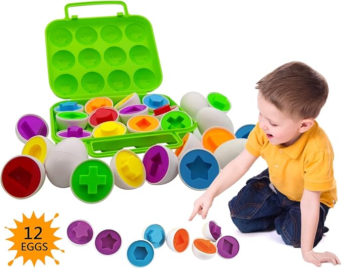 Beakabao 12pcs Color and Shape Matching Egg Set Montessori Toddler Education Classification Toys for Fine Motor Skills of The Fingers Muscles, Preschool Children Smart Puzzles Easter Gifts (Green)