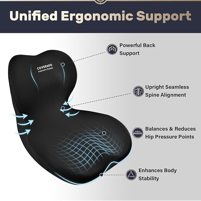 Coverado Car Seat Cushion and Lumbar Support Pillow One Piece, Memory Foam Ergonomic Back Support Driving Seat Cushion for Back Pain, Non-Slip Washable Cushion for Car, Driver, Office