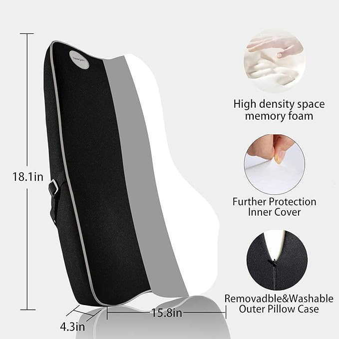 Lumbar Support Pillow,Pure Memory Foam Back Cushion Orthopedic Backrest with Breathable 3D Mesh for Car Seat,Office Chair,Computer Chair,Wheelchair and Recliner.Ergonomic Design (Grey Edge)